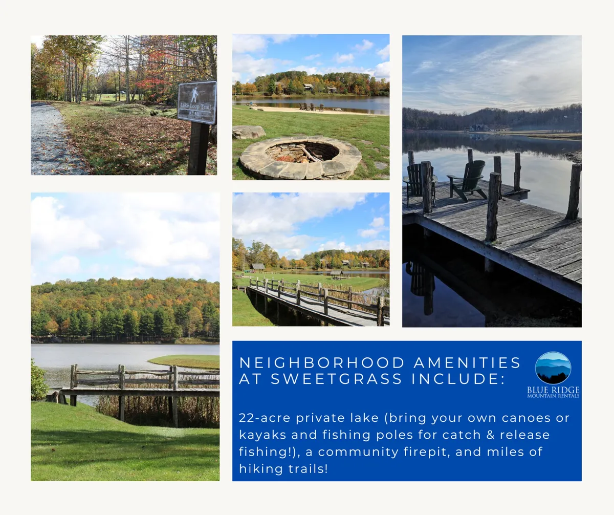 This vibrant exterior scene captures the 22-acre private lake as the main focal point, surrounded by lush greenery and featuring community amenities like a wooden dock and firepit. People are seen canoeing, kayaking, fishing from the dock, and gathering around the firepit, bringing energy and family activity to the foreground. Visible trails weave around the lake, inviting exploration and outdoor play.
